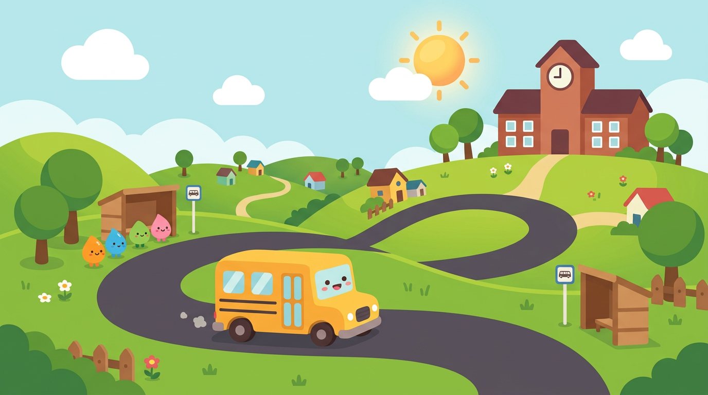 A yellow school bus driving past bus stops to a school