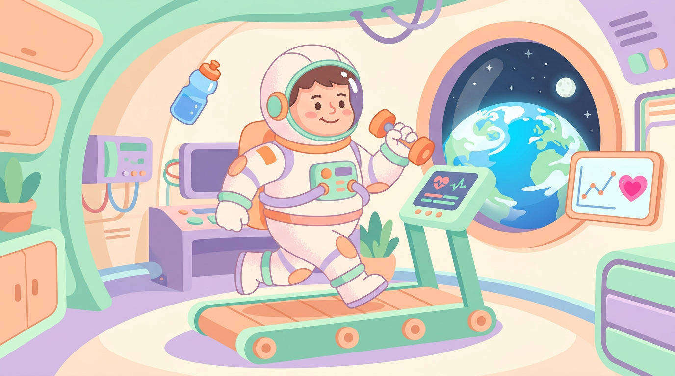 A cartoon astronaut jogging on a treadmill in a space station