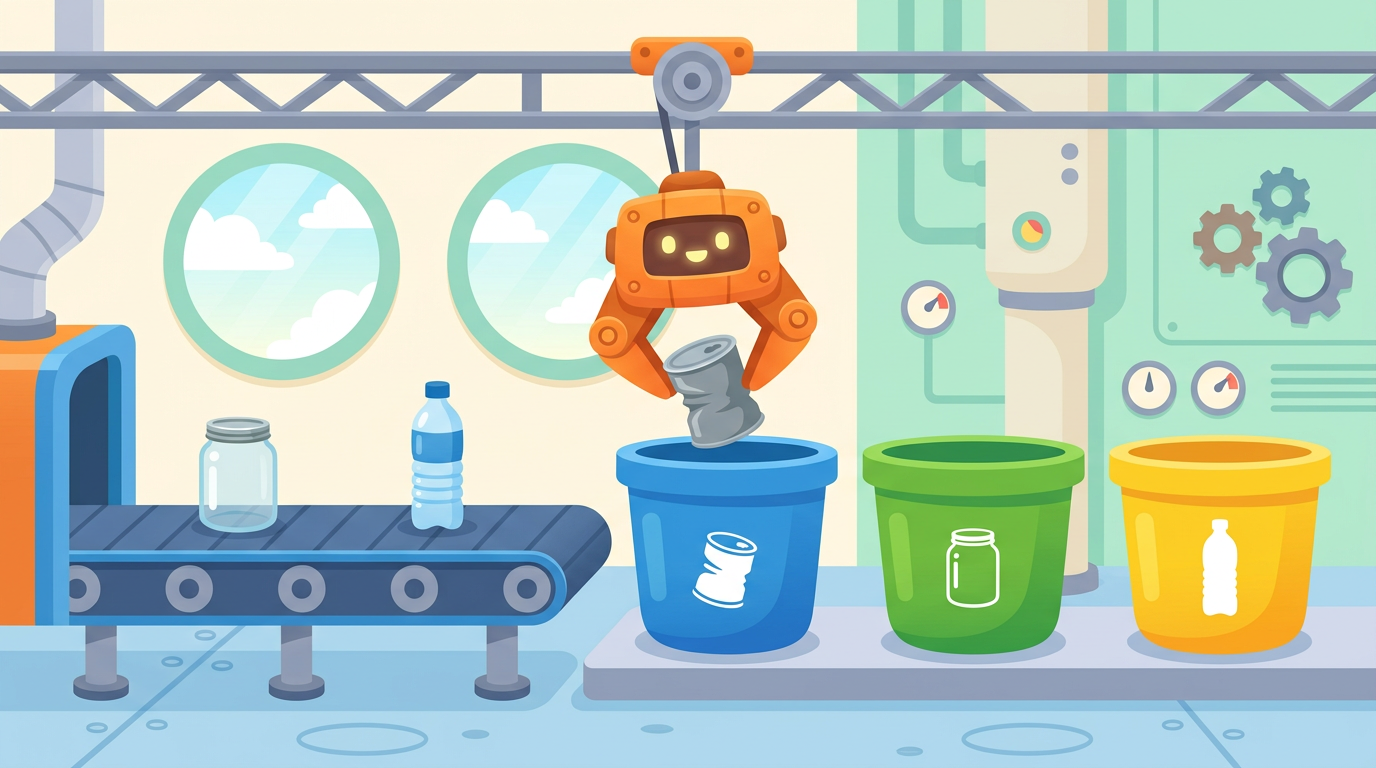 A cartoon robot claw dropping a can into colourful recycling bins