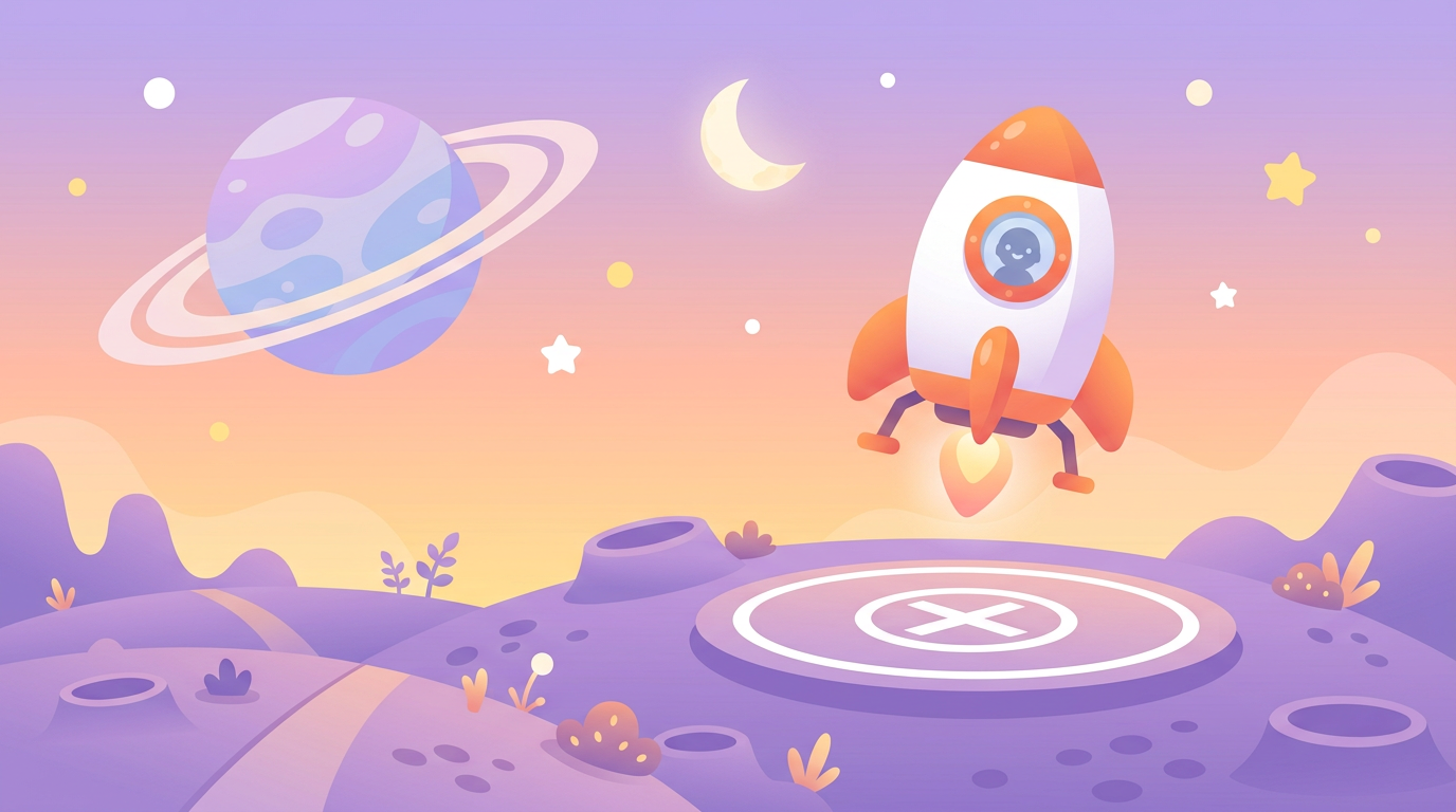 A cute cartoon rocket landing on a purple planet